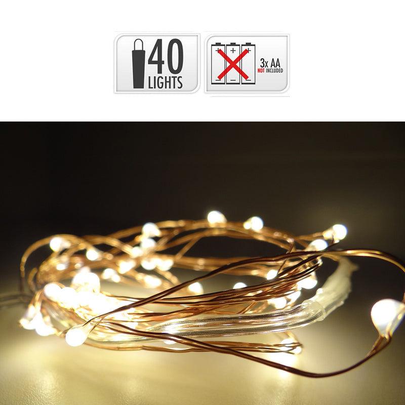 Fixed Battery Operated Garland 40 LEDs Copper Wire Cable Warm White Light 2.20M