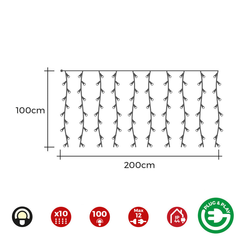 Curtain with Easy-Connect programmer 2x1m 10 strips 100 warm white LEDs Edm