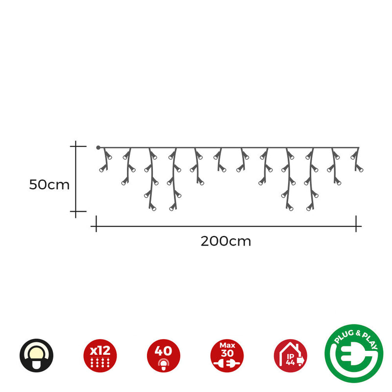 Icicle Curtain With Easy-Connect Programmer 2X0.5M 12 Strips 40 Warm White LEDs Edm