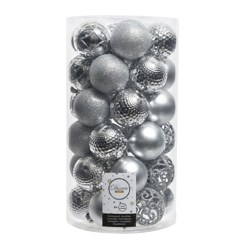 Tube with 37 decorative silver balls for Christmas tree Ø6cm