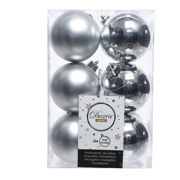 Box of 12 decorative silver balls for Christmas tree Ø6cm