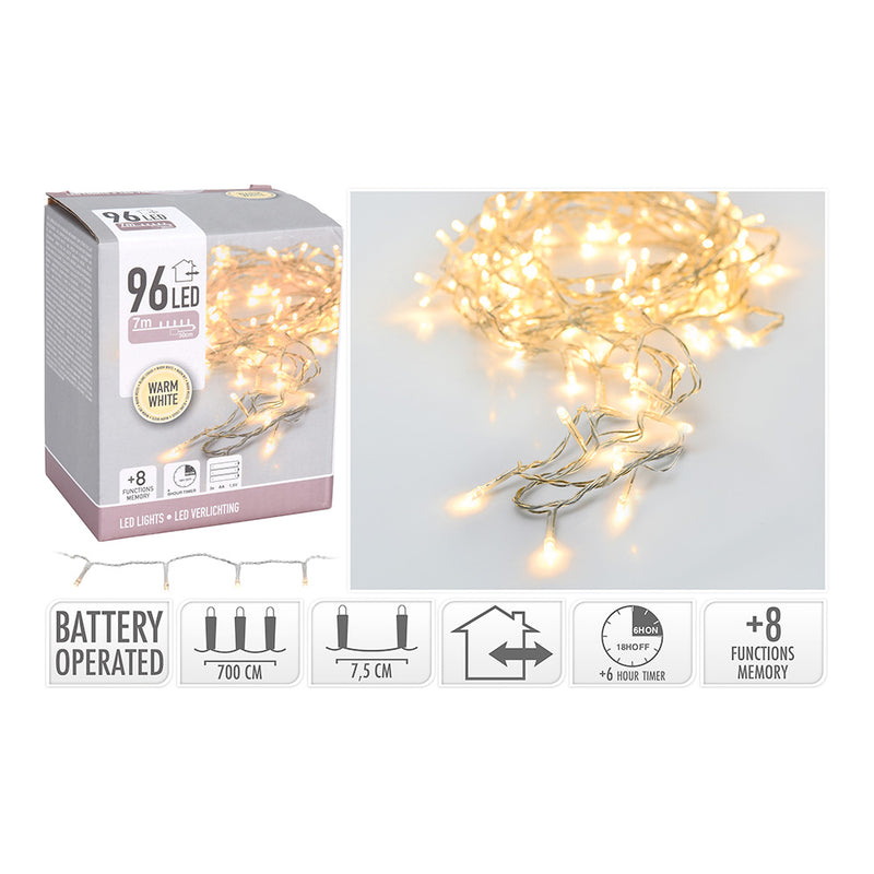 Multifunction Battery Operated Garland 96 LEDs Transparent Cable Warm White Light 7.5M