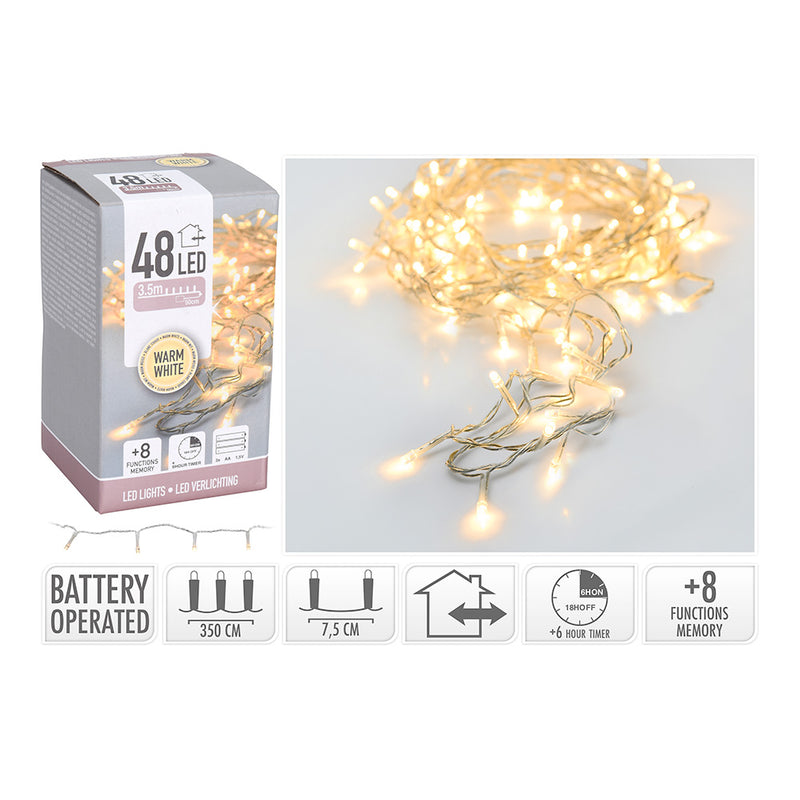 Multifunction Battery Operated Garland 48 LEDs Transparent Cable Warm White Light 4M