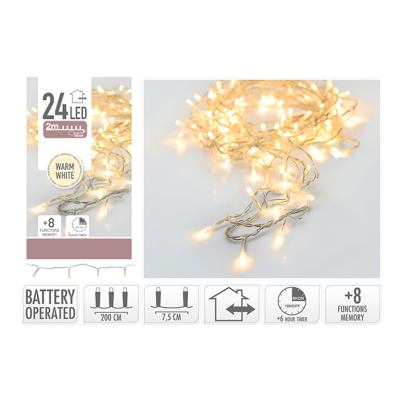 Multifunction Battery Operated Garland 24 LEDs Transparent Cable Warm White Light 2.30M