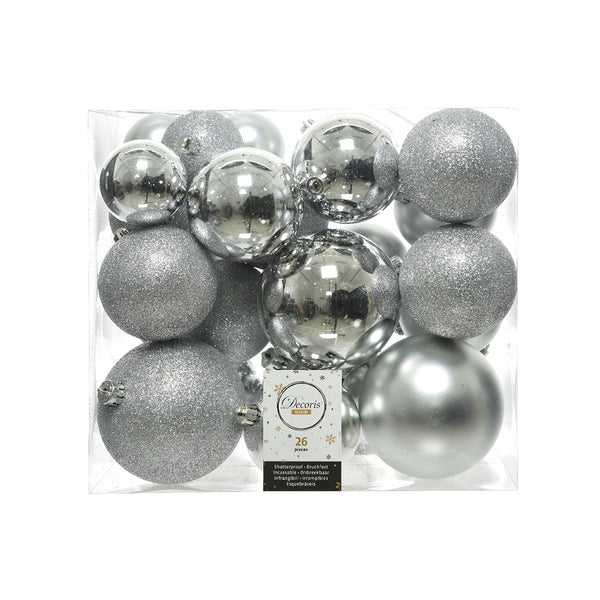 Box of 26 Silver Balls Various Sizes Ø6cm/Ø8cm/Ø10cm