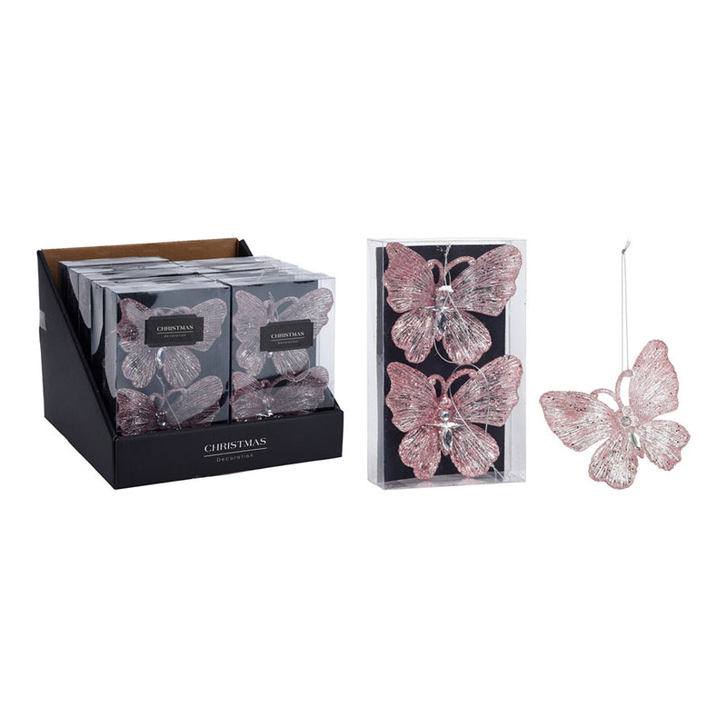 Set of 2, Pink Glitter Butterfly Hanging Decoration