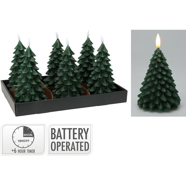 Fir-shaped LED flame effect candle, dark green, 19 cm.