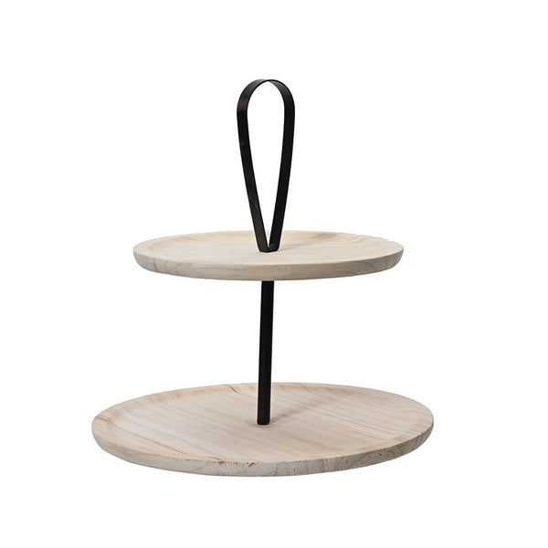 Round wooden centerpiece, with two shelves.