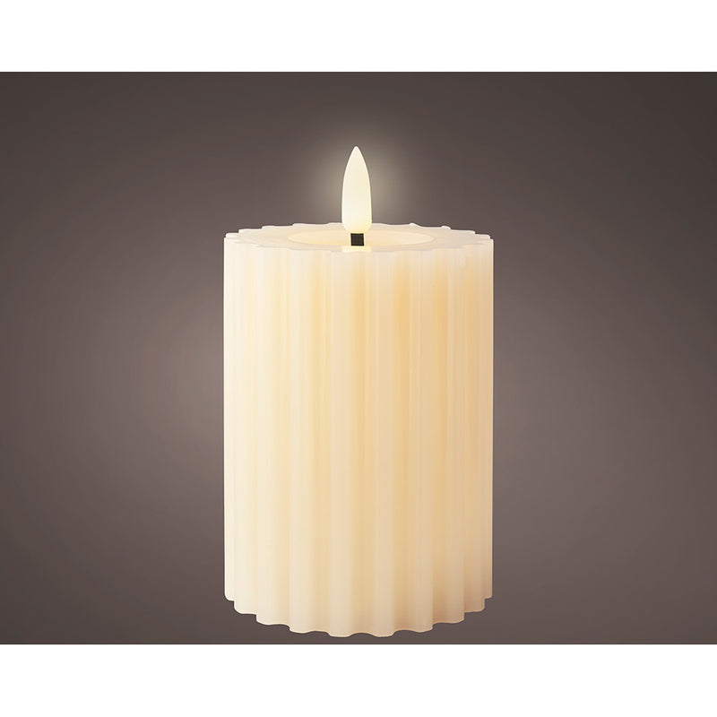 Beige LED Wax Candle, Embossed Surface, Ø7.5x12.3cm. Lumineo