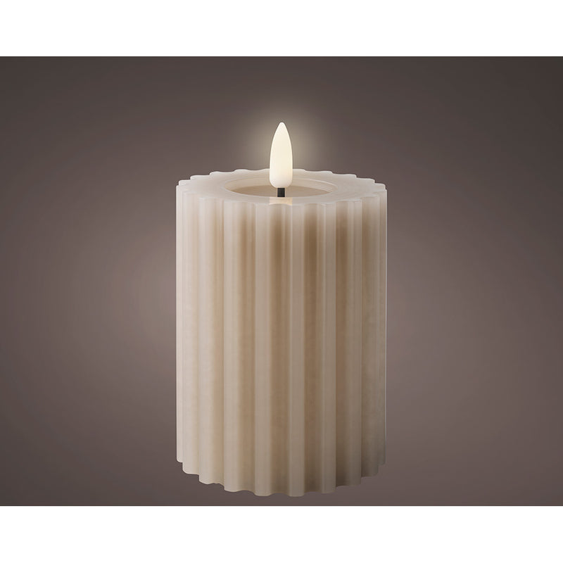 Beige LED Wax Candle, Embossed Surface, Ø7.5x12.3cm.