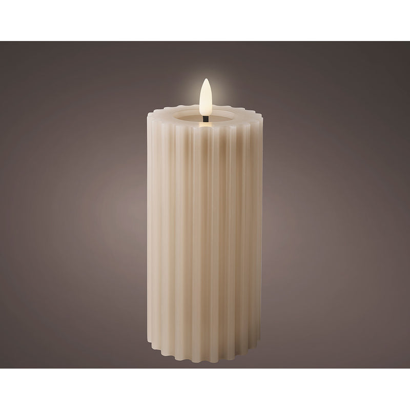 Beige LED Wax Candle, Embossed Surface, Ø7.5x17.3cm.