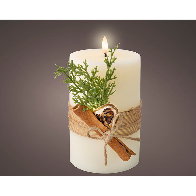 White LED Wax Candle, Rustic Surface With Bouquet, Ø10x18cm. Lumineo