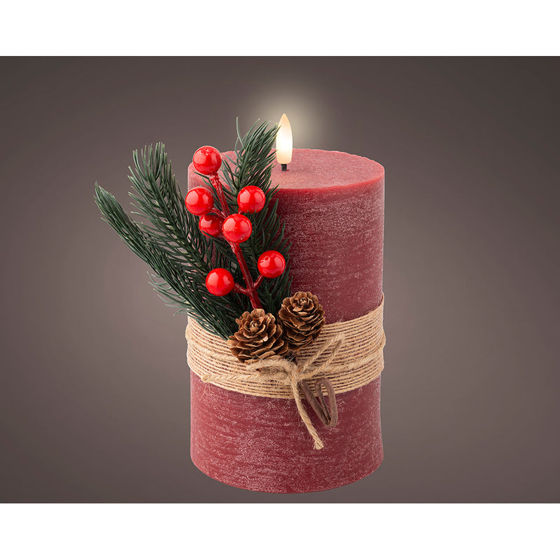 Red LED Wax Candle, Rustic Surface With Bouquet, Ø10x18cm. Lumineo