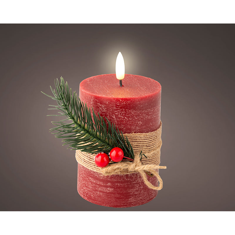 Red LED Wax Candle, Rustic Surface With Bouquet, Ø7.5x13cm. Lumineo