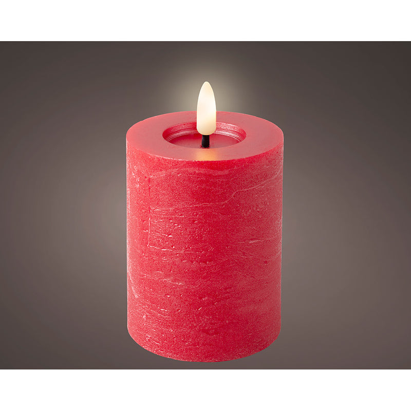 Red LED Wax Candle, Rustic Surface, Ø7x11.2cm. Lumineo