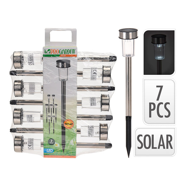 Pack 7 Estacas Solar De Jardin. Acero Inoxidable. 1 Led Ip44 Ø5X36Cm Progarden