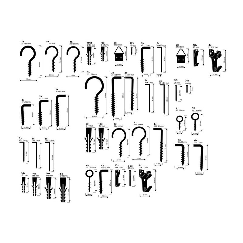 Assortment of hooks/eyelets/hooks and picture hangers 198 pieces St/Pl Black+Decker