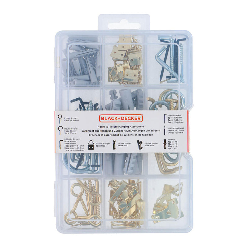 Assortment of hooks/eyelets/hooks and picture hangers 198 pieces St/Pl Black+Decker