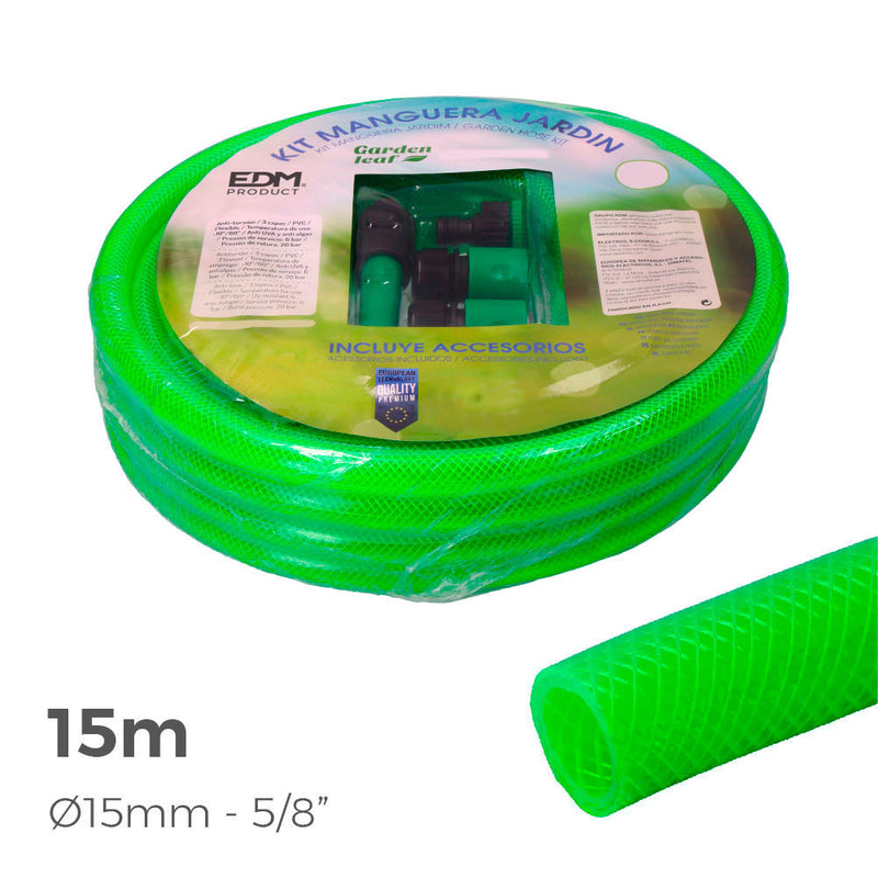 Kit Manguera De Jardin Anti-Torsion Ø Interior 15Mm Ø Exterior 20Mm (5/8") - Rollo 15M Con Accesorios Edm