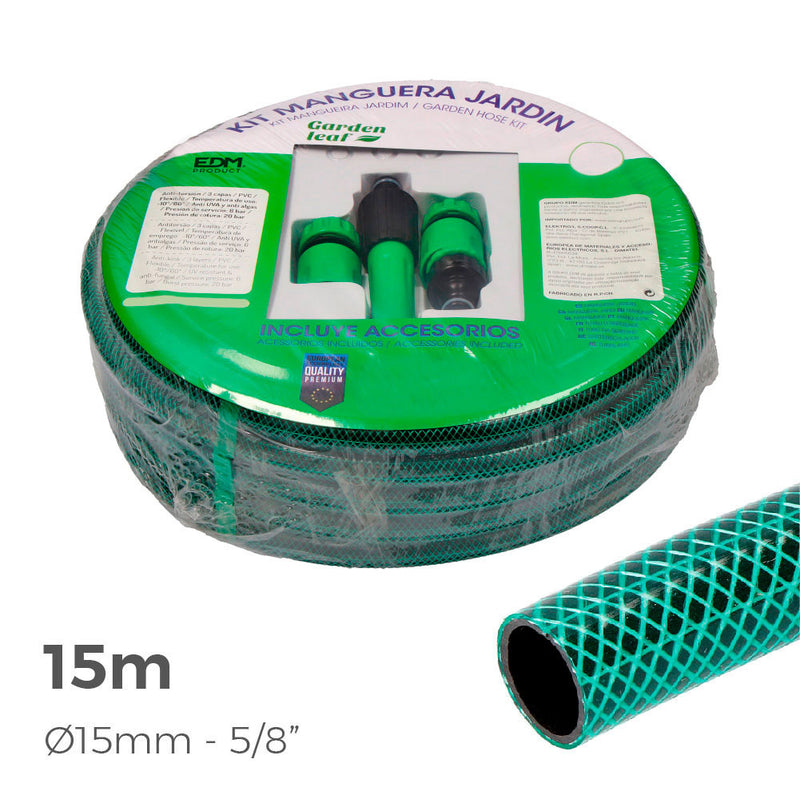 Basic Line Garden Hose Kit Ø Inner 15mm Ø Outer 19mm (5/8") - 15M Roll With Edm Accessories