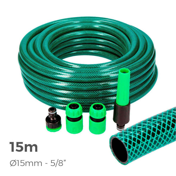 Basic Line Garden Hose Kit Ø Inner 15mm Ø Outer 19mm (5/8") - 15M Roll With Edm Accessories