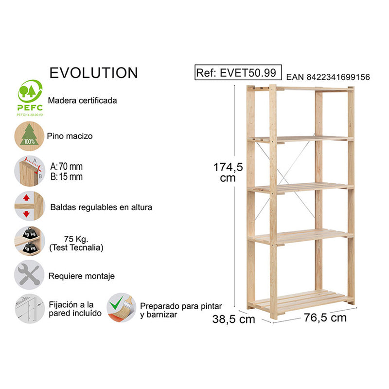 Evolution 5 Slatted Shelf, 76.5X38.5X174.5Cm Solid Astigarraga Pine