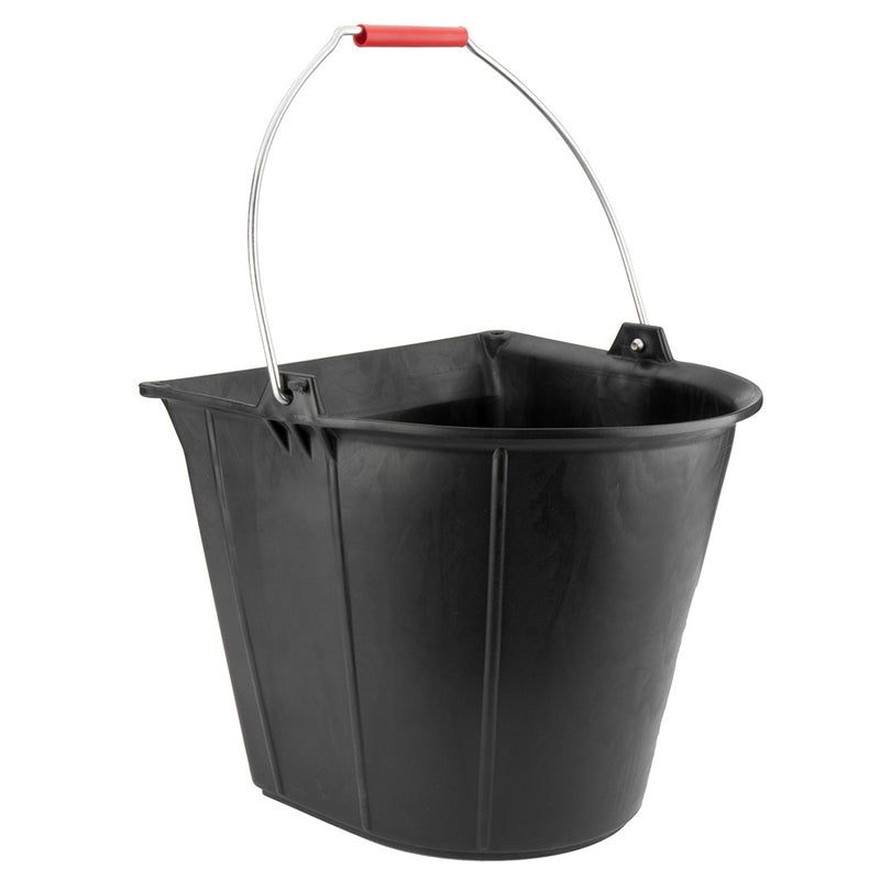 13 L Flat Industrial Bucket Made of Black Synthetic Rubber, with Metal Handle.