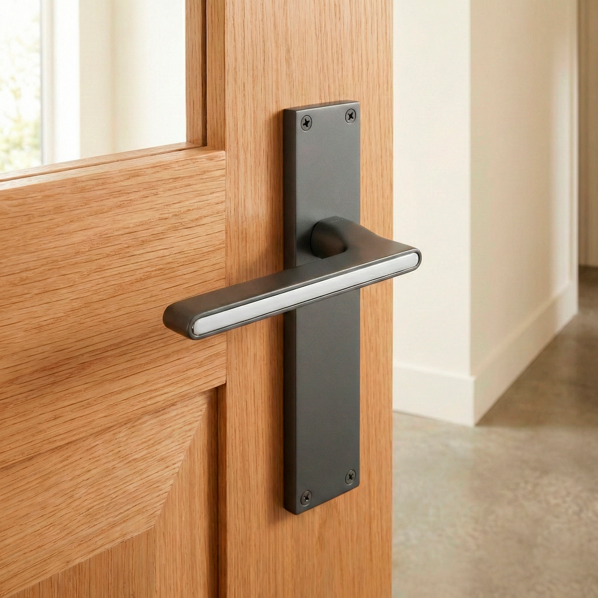 Manilla modelo '810' de zamak con placa rectangular acabado grafito para puertas