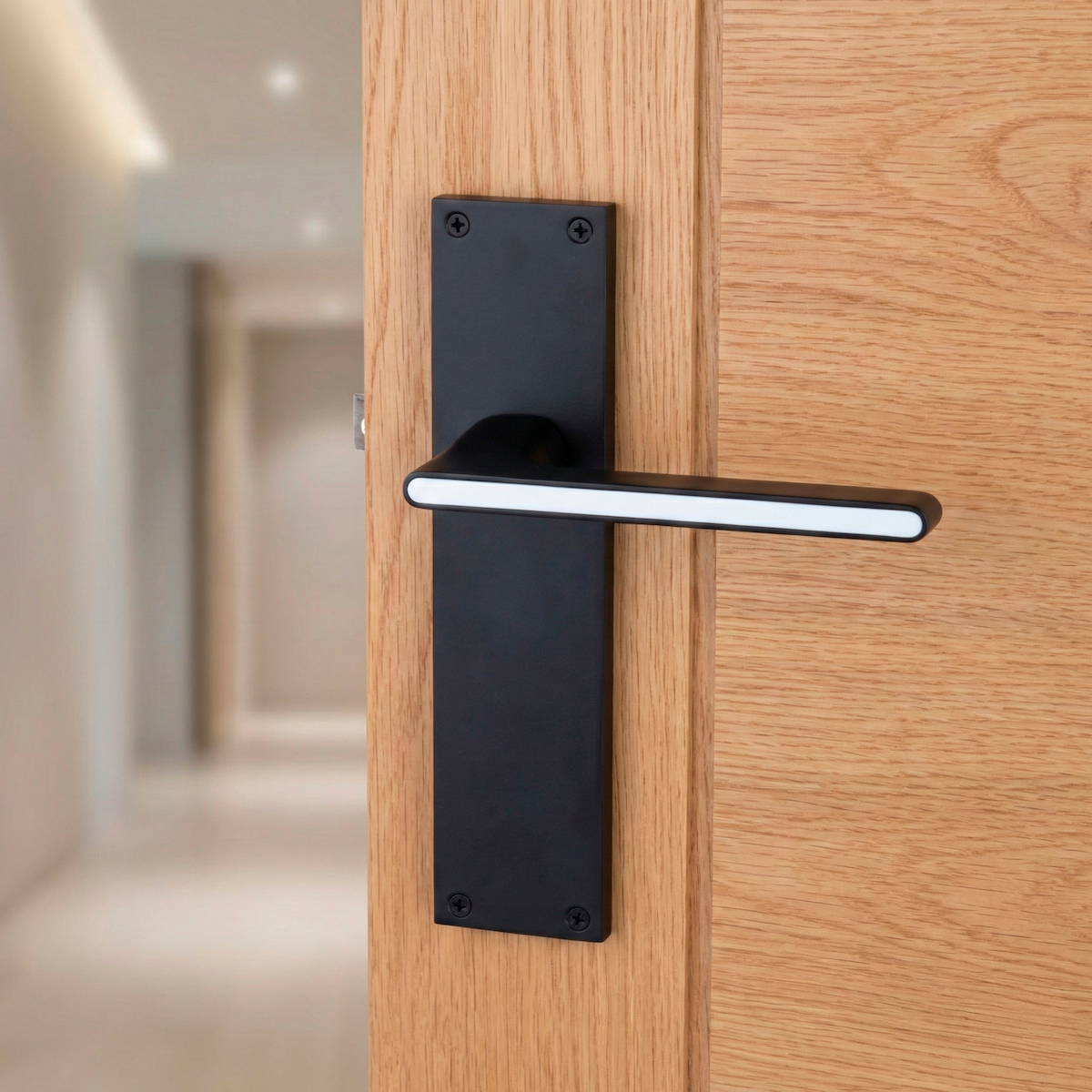 Manilla modelo '810' de zamak con placa rectangular acabado negro para puertas