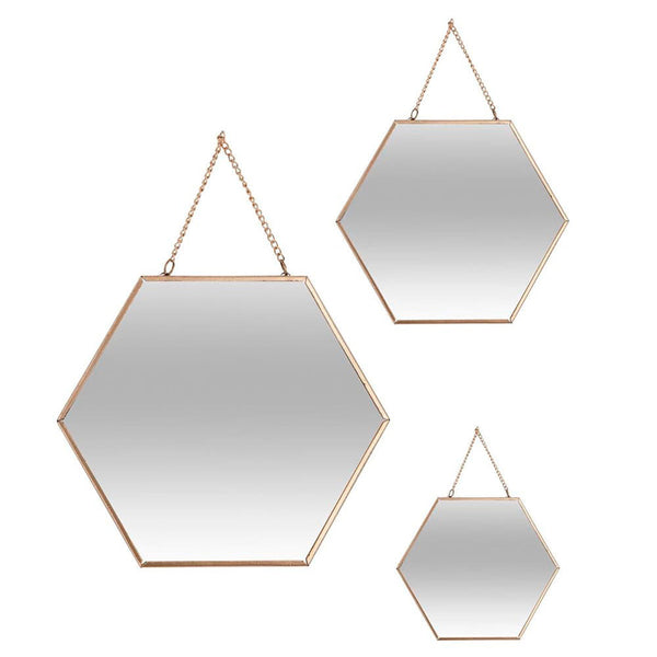 Set of 3 Hexagonal Gold Mirrors 19.8x17.5cm/25x22.5cm/29.5x26cm