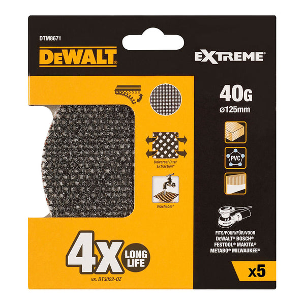 Pack 5 Lijas De Malla Ø125Mm Grano: 40 Para Lijadoras Rotoorbitales Dtm8671-Qz Dewalt