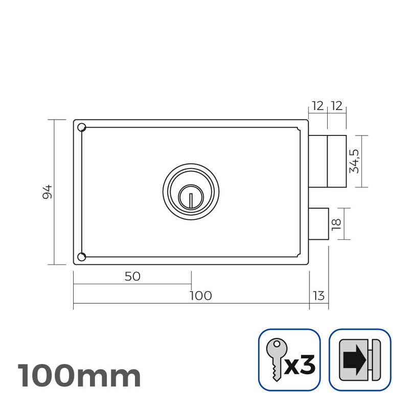 Right Lock 100mm 3 Keys Included Edm