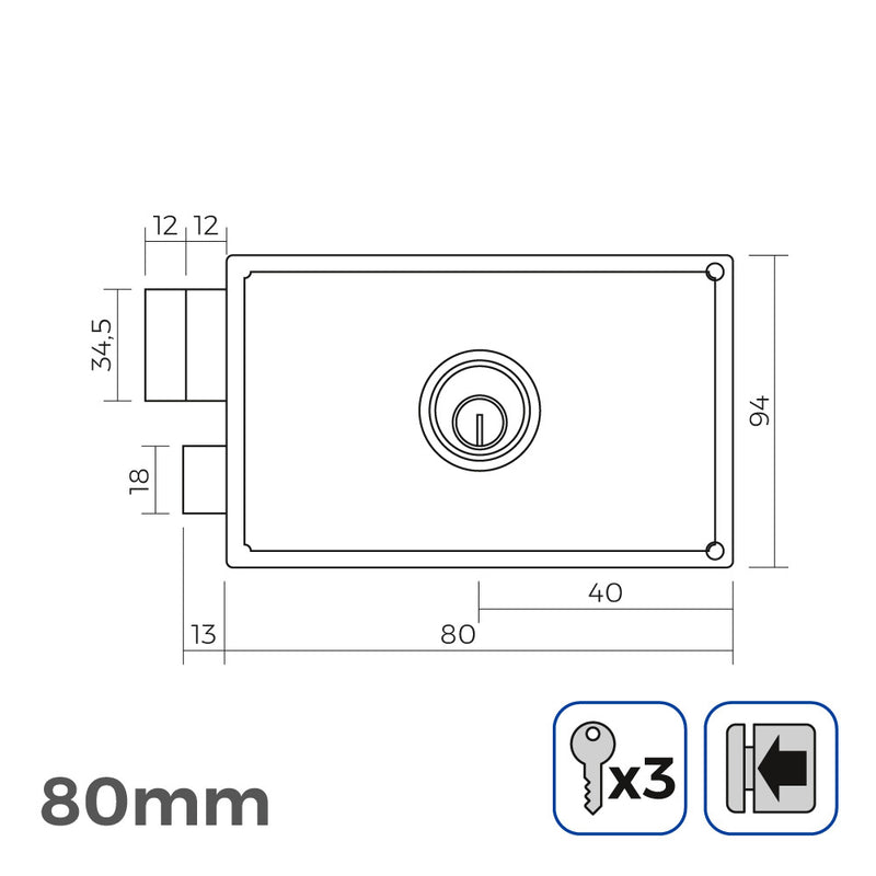 Left Lock 80mm 3 Keys Included Edm