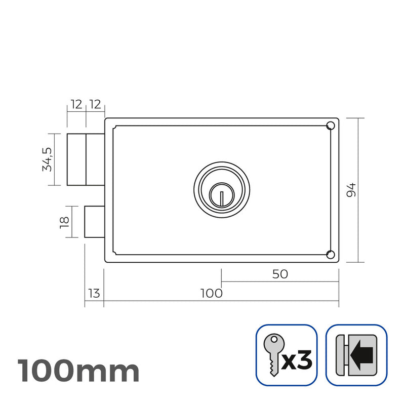 Left Lock 100mm 3 Keys Included Edm