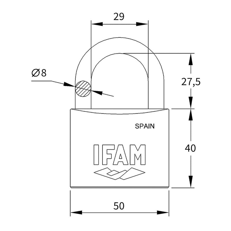 K50 Padlock, Brass, 50mm, With 2 Keys, Normal Bow, Ifam