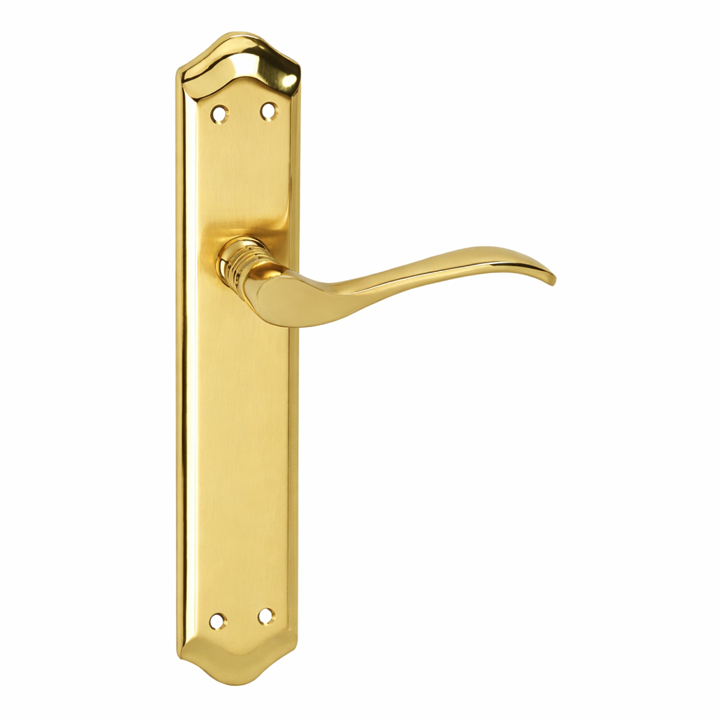 Manilla modelo '881' con placa ovalada de aluminio en acabado dorado satinado para puertas