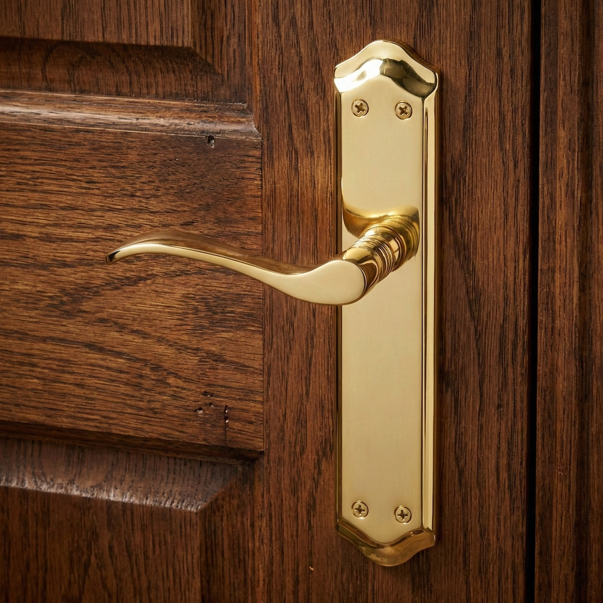 Manilla modelo '881' con placa ovalada de aluminio en acabado dorado satinado para puertas