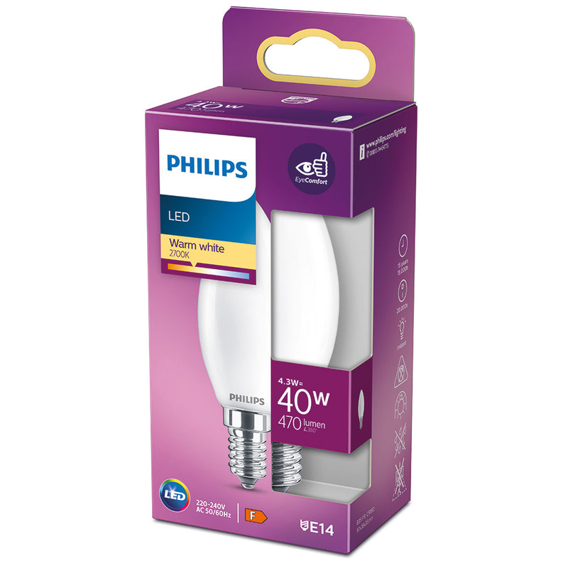 Bombilla Vela Led E14 4,3W 470Lm 2700K Luz Calida Ø3,5X9,7Cm, Philips