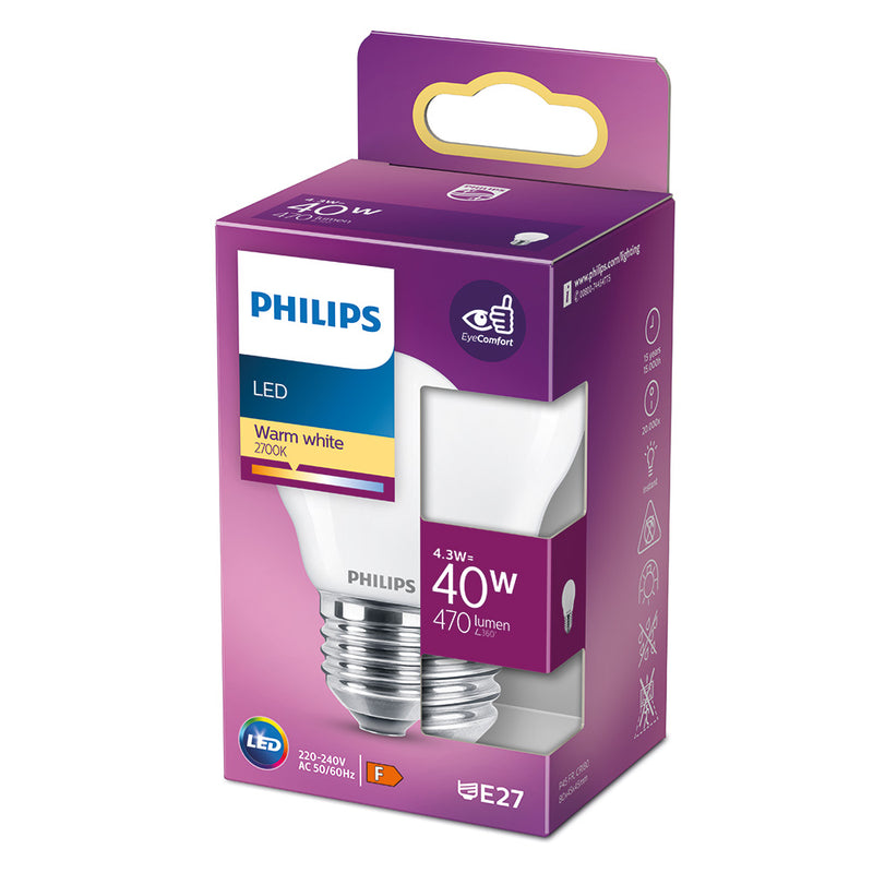 Bombilla Esferica Led E27 4,3W 470Lm 2700K Luz Calida Ø4,5X8,2Cm Philips