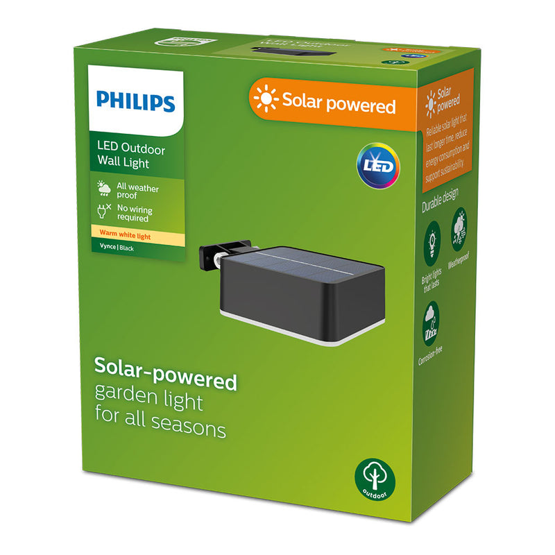 Aplique Solar Cuadrado, Ip 44 1,5W, 200Im 2700K, Luz Cálida, Medidas: 10,5X4,6X13,6Cm, Philips