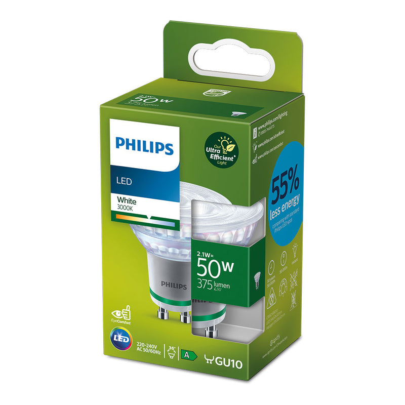 Ultra Efficient Led Spot Bulb 36D 2.1W 375Im Gu10 3000K, 220-240V Ac 50/60Hz, Philips