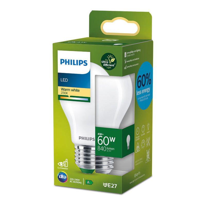 Bombilla Ultra Efficient Led Classic 4W 840Im E27 2700K, Ø6X10,4Cm, Philips