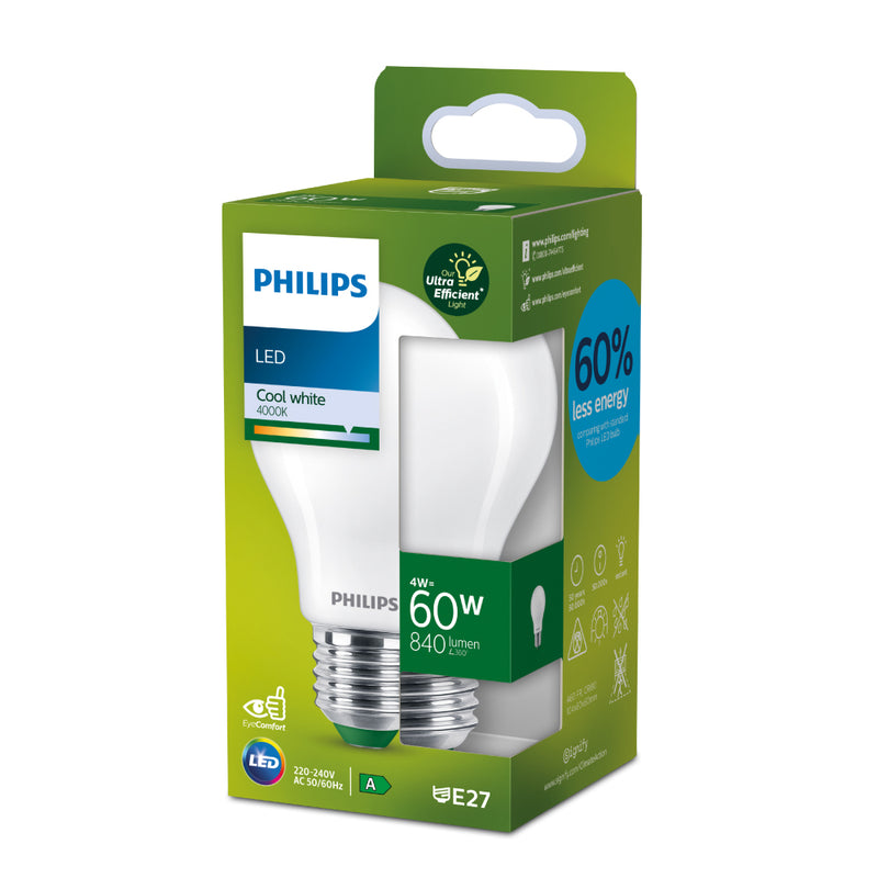 Bombilla Ultra Efficient Led Classic 4W 840Im E27 4000K, Ø6X10,4Cm, Philips