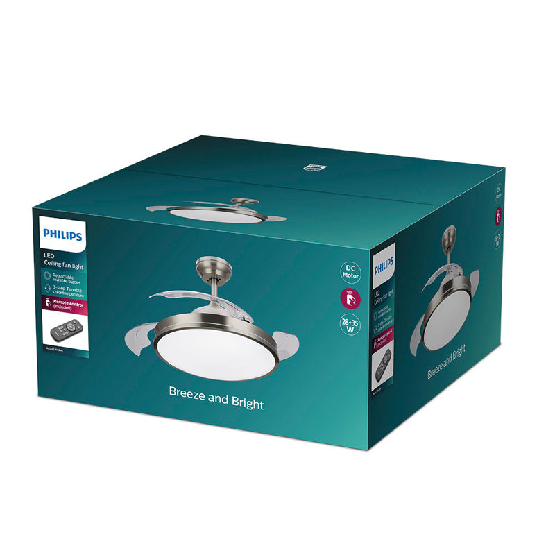 Ventilador De Techo De Led Modelo Atlas, Color Nikel, Potencia: 28+35W Aspas: Ø106Cm Con Mando A Distancia Philips