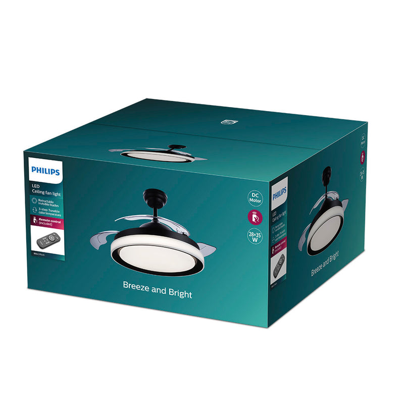 Ventilador De Techo De Led Modelo Atlas, Color Negro, Potencia: 28+35W Aspas: Ø106Cm Con Mando A Distancia Philips