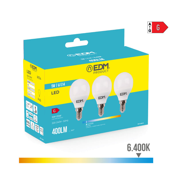 Kit 3 Spherical Led Bulbs E14 5W 400Lm 6400K Cold Light Ø4.5X8Cm Edm