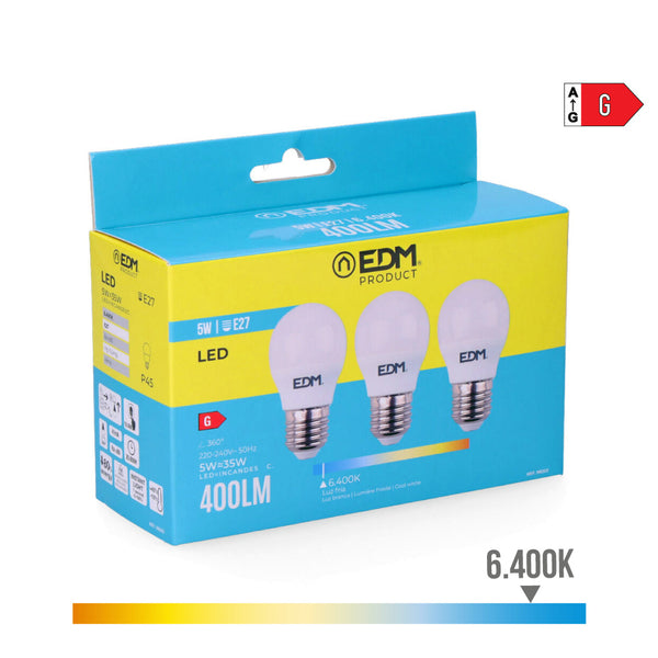 Kit 3 Spherical Led Bulbs E27 5W 400Lm 6400K Cold Light Ø4.5X8Cm Edm