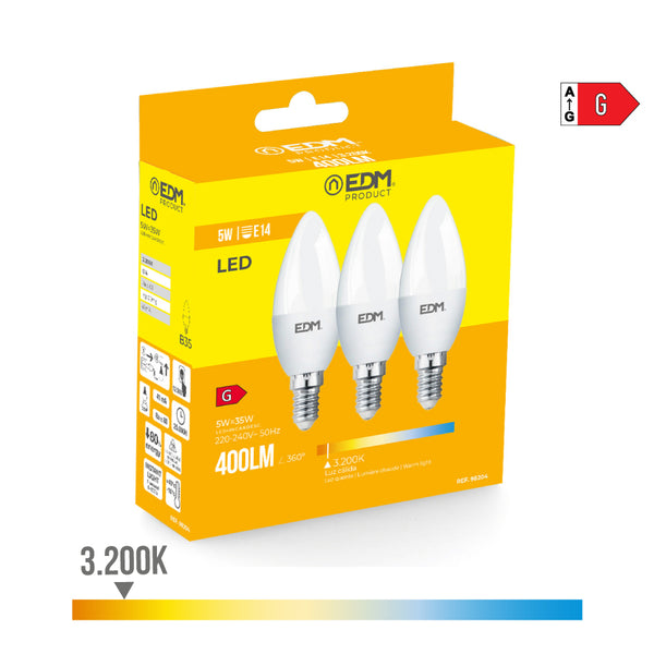 Kit 3 LED Candle Bulbs E14 5W 400Lm 3200K Warm Light Ø3.6X10Cm Edm