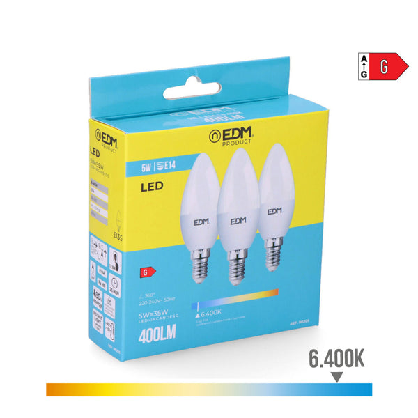 Kit 3 LED Candle Bulbs E14 5W 400Lm 6400K Cold Light Ø3.6X10Cm Edm