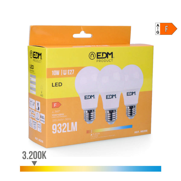 Kit of 3 Standard Led Bulbs E27 10W 932Lm 3200K Warm Light Ø6X10.8Cm Edm